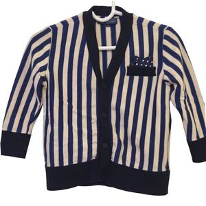 Nicholas & Bears Boys Striped Lambswool Cardigan Sweater Navy Cream 2Y